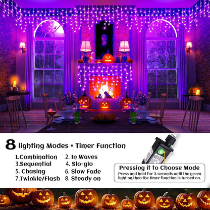 66ft Purple Halloween Lights Outdoor Indoor, 640 LED Icicle Lights for Outside Twinkle Christmas Lights with 120 Drops Clear Wire Timer 8 Modes for House Party Tree Yard Patio Eaves Holiday Decoration