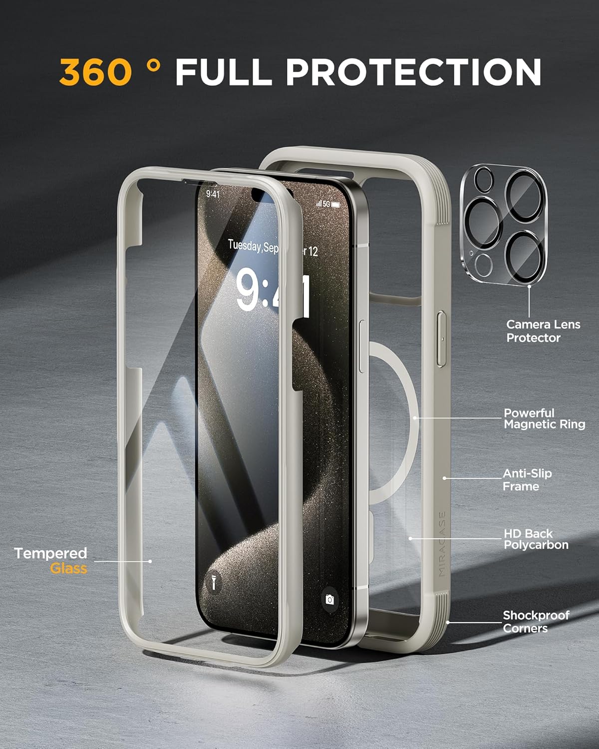 Miracase Magnetic for iPhone 15 Pro Case [Compatible with MagSafe] Full-Body Phone case with Built-in Glass Screen Protector& Camera Protector, Military Drop Proof 15 Pro Cover,Titan