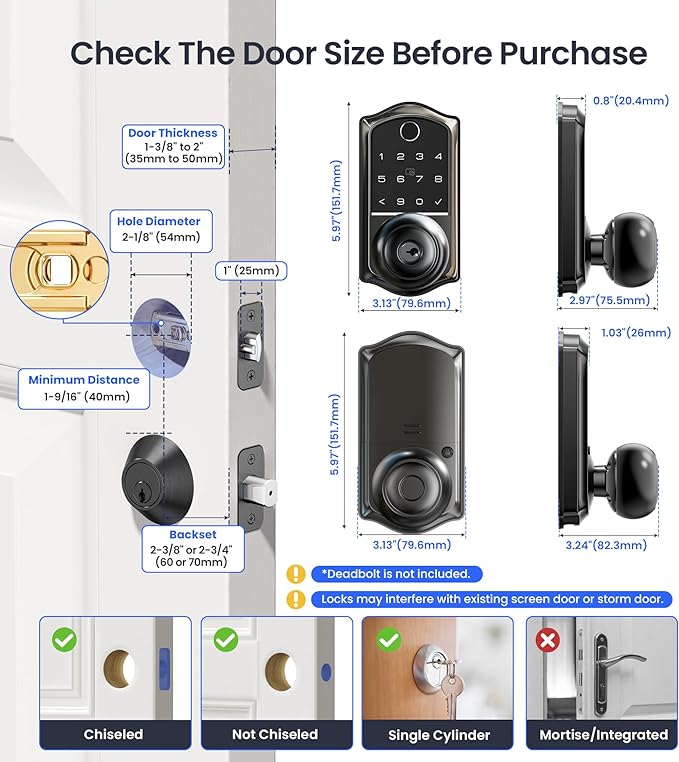 Veise VE018 Smart Knob Handle Lock - Fingerprint, App Control, Keyless Entry for Front Door and Bedroom, Electronic Digital Keypad, Auto Lock, Remote Access Sharing, IP55 Weatherproof, Matte Black