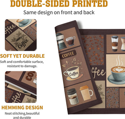 Coffee Theme Placemats Set of 4 Farmhouse Style Brown Linen Fabric Table Mat 12x18 Inch Washable Heat Resistant Non-Slip Place Mats for Home Party Kitchen Dining Decor