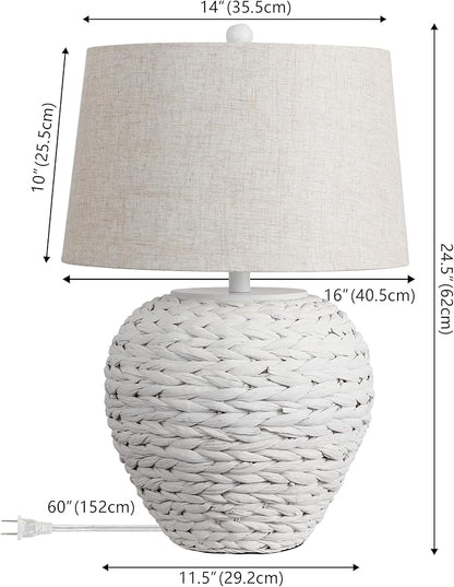 JONATHAN Y 24.5" White Water Hyacinth Farmhouse Basket Table Lamp, Coastal Decor for Living Room Bedroom Nightstand, Light Gray Linen Shade, LED Bulb Included (JYL6501C)