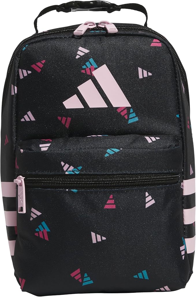 adidas Santiago Lunch Bag Cooler for Women and Men, Insulated Food Container Box with Mesh Pocket, 3 Bar Toss Black-Clear Pink/Black/Clear Pink/3.0, One Size