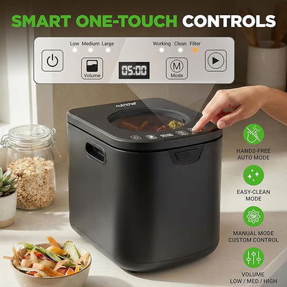 NutriChef 4 Quart Electric Kitchen Composter | Smart Countertop Composter Includes 2 Odorless Carbon Filters | Electric Compost Bin for Indoor Use | 3 Volume Based Modes Small, Medium & Large | Gray