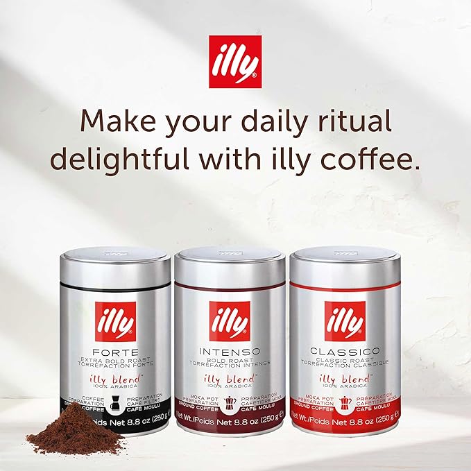 illy Ground Moka Coffee, Classico Medium Roast, 100% Arabica, Premium Italian Coffee, Pre-Ground for Moka Pot or Stovetop Brewing, 8.8oz, 6 Pack
