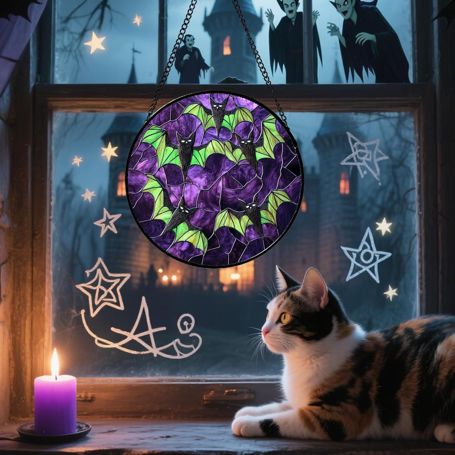 Stained Glass Window Hanging - Halloween Decorations Black Bat with Green Wings Suncatcher for Doors Garden Indoor Spooky Sun Catchers Gothic Decor Horror Gifts for Women Men Friend 15 in
