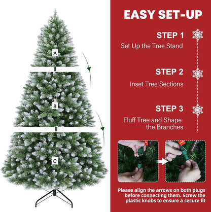 Hykolity 6 ft Prelit Christmas Tree with 250 LED Warm White Lights, Partially Snow Flocked Artificial Tree, 1032 PVC Branches, Metal Stand and Hinged Branches, Holiday Decoration for Home