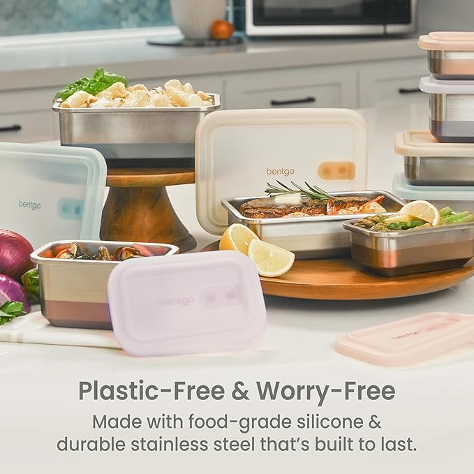 Bentgo MicroSteel Heat & Eat Container – Microwave-Safe, Leak-Proof & Airtight, Easy-to-Clean Lightweight Stainless Steel Reusable Food Storage with Silicone Lid (Snack Size; 2-Cup Capacity; Rose)