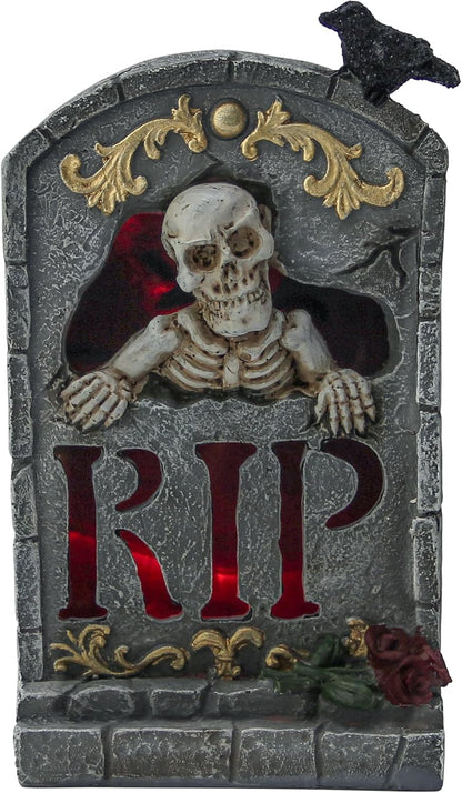 Halloween Decoration Indoor 7.6″ Tombstone Statue with LED Lights Spooky Skull Head Gravestone Skeleton RIP Lighting Changes Halloween Village for Table Shelf Home Party Outdoor Decor Gifts