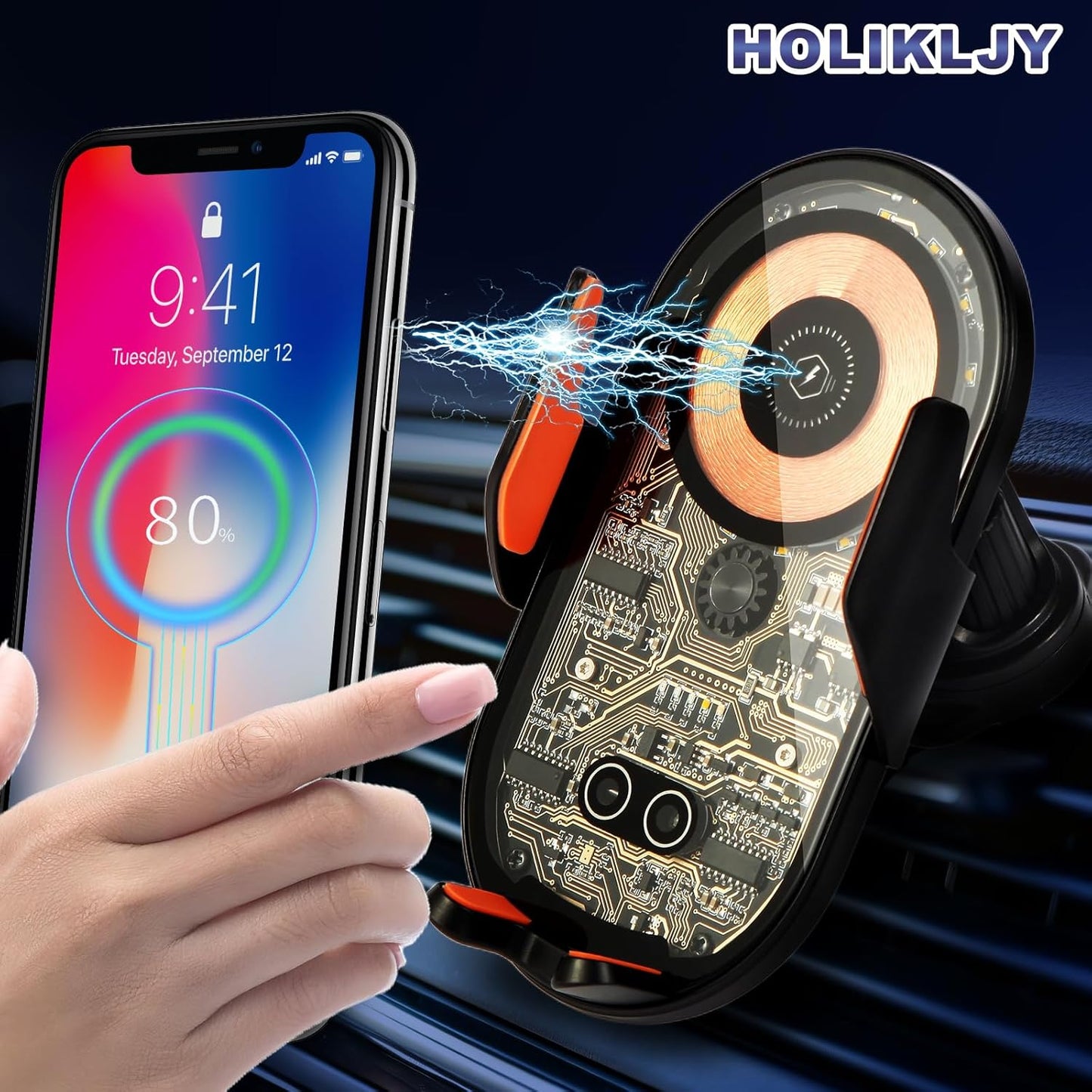Car Phone Holder, Wireless Car Charger Air Vent Auto-Clamp Cell Phone Car Mount with Metal Hook Clip, 360° Rotation - One Button Release for iPhone, Samsung, Google, and All Other Smartphones