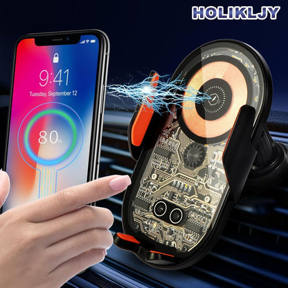 Car Phone Holder, Wireless Car Charger Air Vent Auto-Clamp Cell Phone Car Mount with Metal Hook Clip, 360° Rotation - One Button Release for iPhone, Samsung, Google, and All Other Smartphones