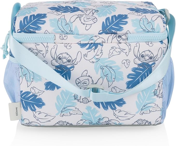 PICNIC TIME Disney Lilo & Stitch Modern Lunch Cooler, Insulated Lunch Box for Work, Travel, and Outdoor Use, Waterproof Cooler Bag with Adjustable Strap and Mesh Pockets, (White with Blue Leaf Design)