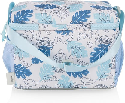 PICNIC TIME Disney Lilo & Stitch Modern Lunch Cooler, Insulated Lunch Box for Work, Travel, and Outdoor Use, Waterproof Cooler Bag with Adjustable Strap and Mesh Pockets, (White with Blue Leaf Design)