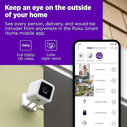 Roku Outdoor Camera for Home Security - IP65 Weather Resistant Wired Security Camera with 1080p HD Night Vision, Works with Alexa & Google, Motion & Sound Detection - 90-Day Subscription Included