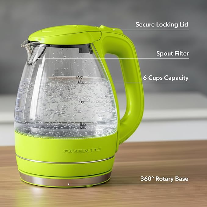 OVENTE Electric Kettle, 1.5L Borosilicate Glass Countertop Water Heater and Boiler for Coffee or Tea, BPA-Free, Auto Shut-Off,  Boil-Dry Protection, Removable and Washable Spout Filter, Green KG83G