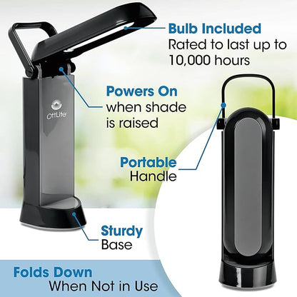 OttLite Folding Task Lamp, Black – Multi-Position Shade, Fold-Up Design, Portable Handle, Low Heat, Low Glare Illumination, Fits Desks & Workstations