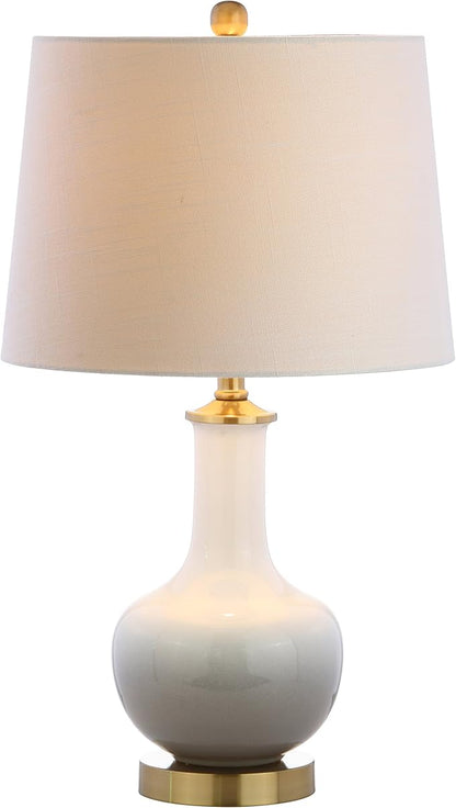 JONATHAN Y 25" White/Gray Gradient Ceramic Table Lamp, Brass Base LED Lamp for Bedside Nightstand Living Room, White Linen Drum Shade, Midcentury Decor (JYL3019B)