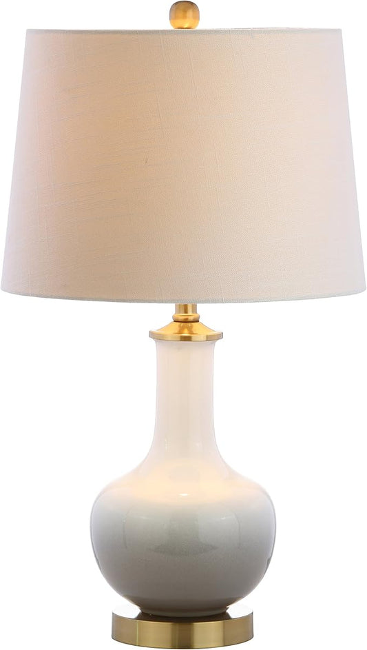 JONATHAN Y 25" White/Gray Gradient Ceramic Table Lamp, Brass Base LED Lamp for Bedside Nightstand Living Room, White Linen Drum Shade, Midcentury Decor (JYL3019B)