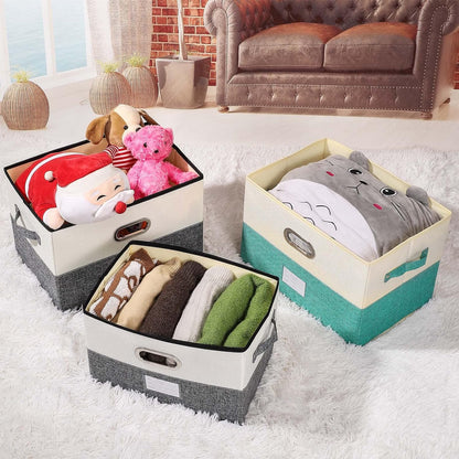 Large Linen Fabric Foldable Storage Bins with Removable Lid and Handles, Washable Storage Box Organizer Containers Baskets Cube with Cover for Bedroom,Closet,Office (Black&White, Medium)