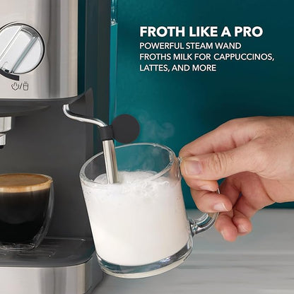 Mr. Coffee Compact Espresso Maker, Espresso Machine With Steam Wand, 15-Bar Pump Automatic Espresso Machine