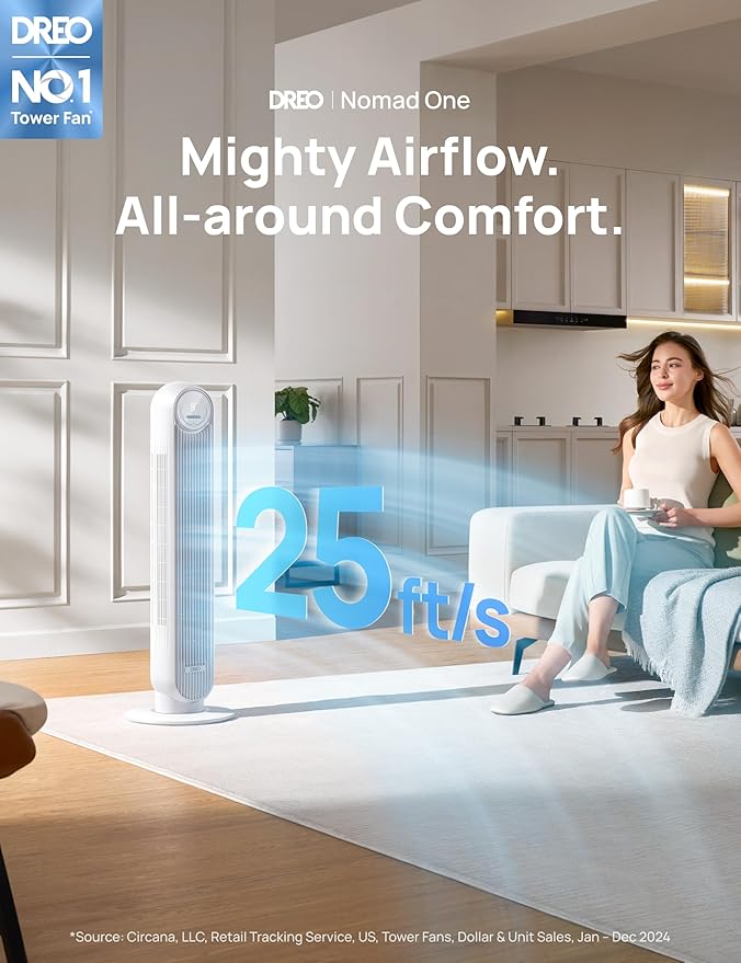 DREO Tower Fan for Bedroom, 25ft/s Velocity Quiet Floor Fan, 90° Oscillating Fans for Indoors with 4 Speeds, 4 Modes, 8H Timer, Standing Fans, Bladeless Fan, White (DR-HTF007)