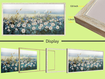 Arjun Flowers Wall Art Canvas White Daisy Floral Painting Blue Coastal Landscape Picture Modern Artwork for Living Room Bedroom Bathroom Dinning Room Office Home Wall Decor Large Framed 40"x20"