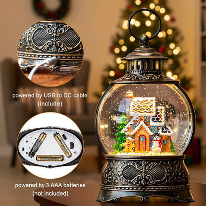 Christmas Snow Globes Christmas Water Lantern with Gingerbread Man & Snowman, Music & 6H Timer, USB Lined/Battery Operated Lighted Lanterns for Xmas Festival Decoration Gifts