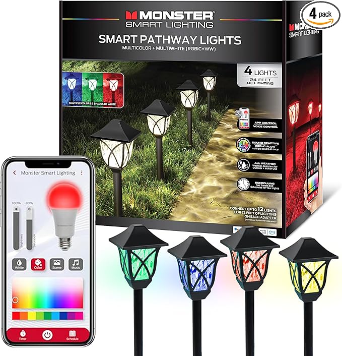 Monster Smart RGB+IC+WW Pathway Lights with 4 Dimmable LED Lights - Sound Reactive Garden Light, Weatherproof IP44 Outdoor Lighting - Compatible with Alexa, Google Assistant, Siri, Monster App