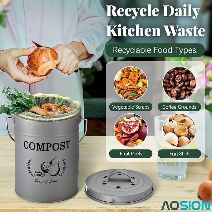 AOSION Countertop Compost Bin Kitchen,Odor Resistant Indoor Compost Bin with Lid and Compost Bags,Compost Bucket Composter Container for Food Waste,Grey