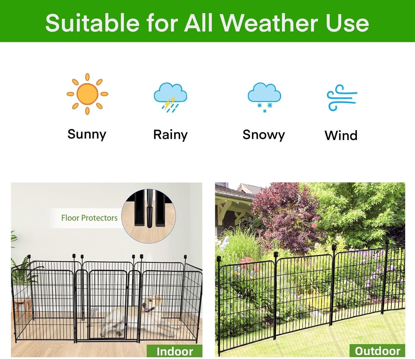 ADAVIN 32 in(H) Garden Fence with Low Threshold Door, 12 Panels Total 26.6 Ft(L) Tall Yard Fence for Dogs, Garden Fences Border, Black Iron Metal Heavy Duty Dog Fencing for Yard or Camping