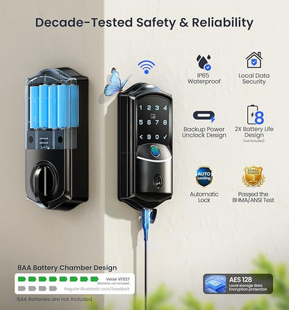 Veise VE027 Built-in Wi-Fi Smart Lock, Fingerprint Keyless Entry Front Door Lock, App Remote & Voice Control, No Hub Needed, Touchscreen Keypad Deadbolt, IP65 Waterproof, BHMA Grade 3, Matte Black
