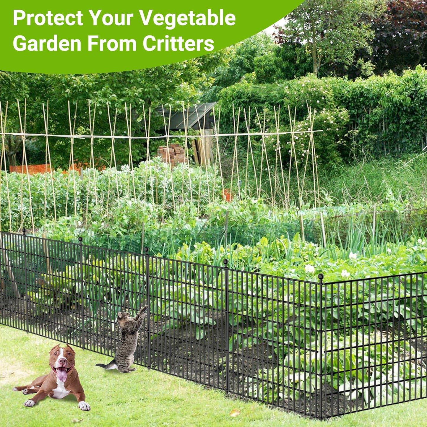 25 Panels No Dig Decorative Outdoor Garden Fence for Yard with Gate, 32 in(H) X 59 ft(L) Animal Barrier Fencing Rustproof Metal Wire Panel Border for Dog, Rabbits, and Patio Temporary Ground Stakes