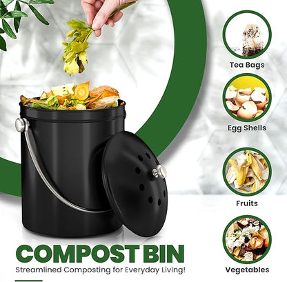 Utopia Kitchen Compost Bin for Kitchen Countertop, 1.3 Gallon Compost Bucket for Kitchen with Lid, Includes 1 Spare Charcoal Filter (Black)