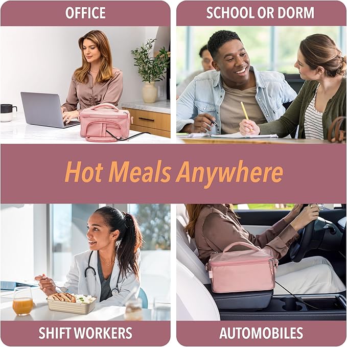 Bentgo Heat - Electric Lunch Bag & Food Warmer for Reheating Meals in Car, at Work & More - Heated Lunch Box Warmer for Adults, Students & Shift Workers, 12V/24V Auto & 120V Wall Cords (Blush)