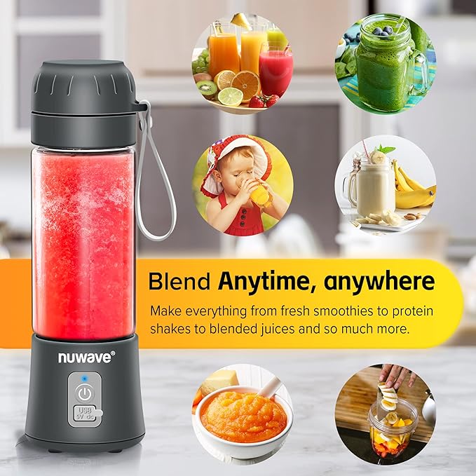 Nuwave Portable Blender for Shakes and Smoothies, On-the-GO Personal Blender with USB-C Rechargeable, 6-Piece-Blade for Crushing Ice, BPA Free 16 Oz Tritan Jar for Travel, Office and Sports