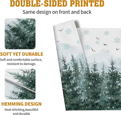 Winter Pine Tree Snowflake Placemats Set of 4 Christmas Snow Green Forest Place Mat 12x18 Inch Seasonal Xmas Holiday Rustic Nature Washable Fabric Table Mats for Farmhouse Kitchen Dining Decoration