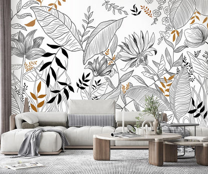 -Hand-Painted Flower Plant Fabric Wallpaper Simple Art Living Room 100" x 65" (Not Peel and Stick)
