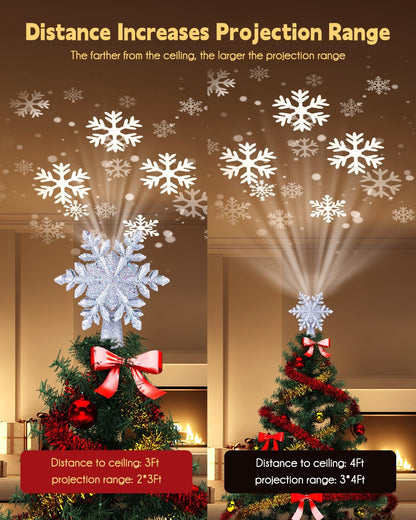 Christmas Tree Topper Lighted with Built-in Led Rotating Snowflake Projector Lights, 9.6” Hollowed Tree Topper with Silver Spangles Plug In for Indoor Home Xmas New Year Party Holiday Night Tree Decor