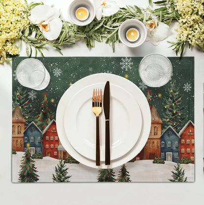 Christmas Placemats 12x18 Inch Set of 4, Winter Xmas Tree Wonderland Forest Village Town House Snowflake Linen Table Mats Washable Place Mats for Party Kitchen Dining Outdoor Indoor Decor