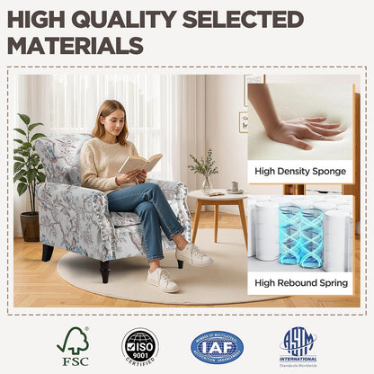 Wingback Accent Chair with Removable Pillow, High Back Floral Armchair with Solid Wood Legs & Nailhead Trim, Comfy Upholstered Reading Single Sofa Chair for Bedroom (2, Bird Floral Pattern)