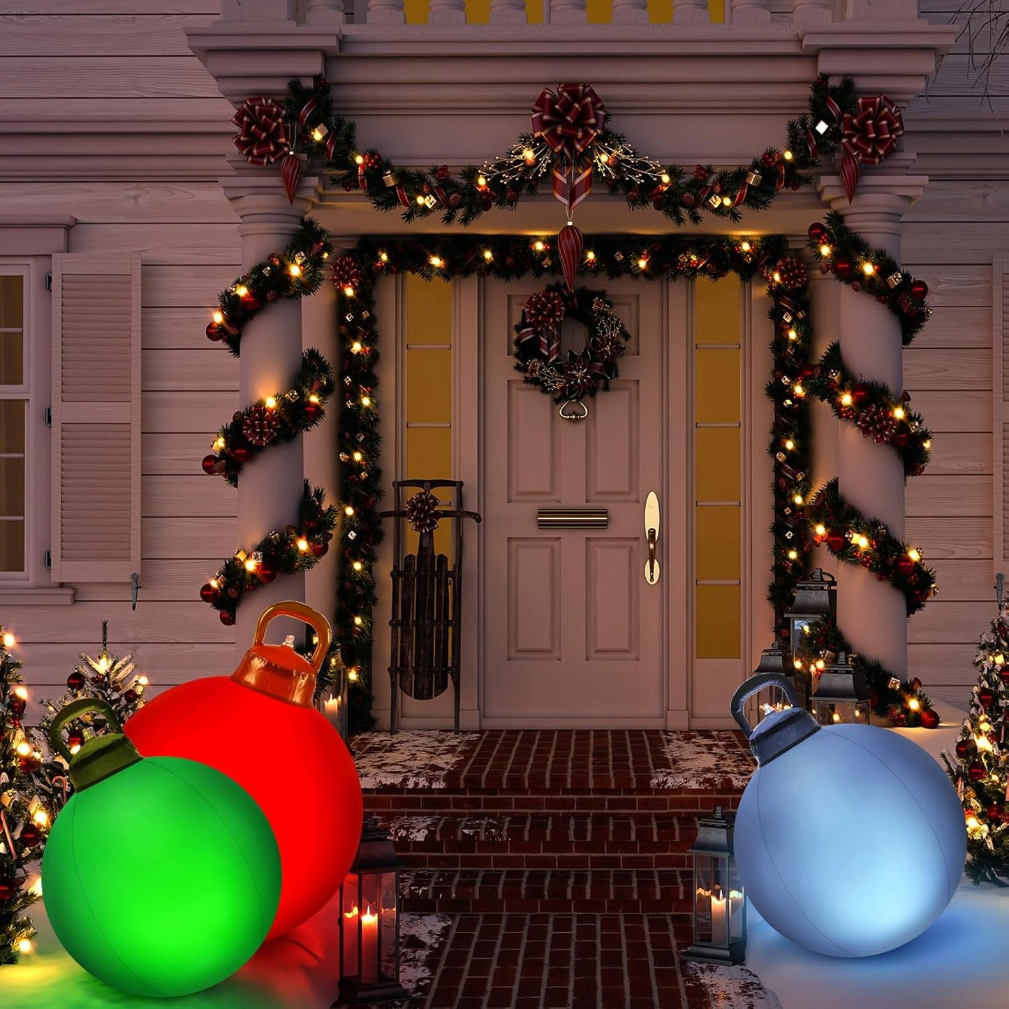 Jetec 3 Pcs Outdoor Light Up Christmas Ball Decorations Large Christmas Inflatable PVC Decorated Balls with Light 24 Inch,18 Inch Xmas Ornaments for Yard Lawn Porch(Red, Silver, Green)