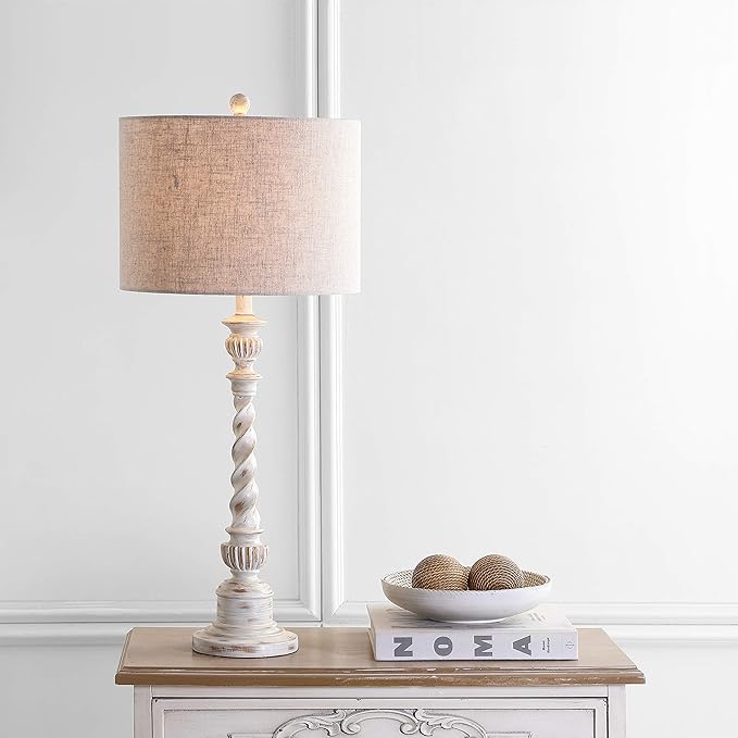 JONATHAN Y 33" White Wash Rustic Resin Table Lamp, Traditional Farmhouse Wood-Look Nightstand Lamp with Gray Linen Drum Shade for Living Room, LED Bulb Included JYL3031A