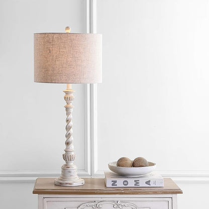JONATHAN Y 33" White Wash Rustic Resin Table Lamp, Traditional Farmhouse Wood-Look Nightstand Lamp with Gray Linen Drum Shade for Living Room, LED Bulb Included JYL3031A