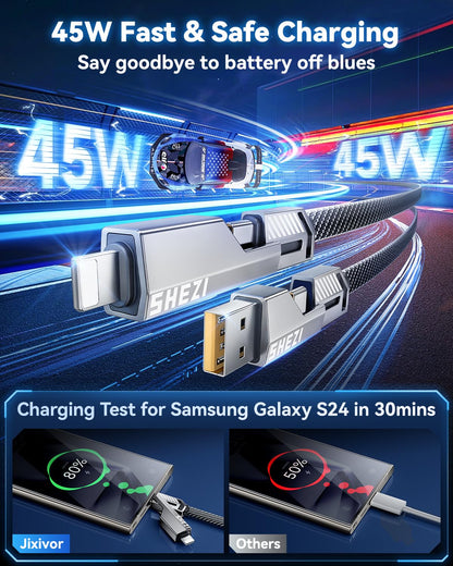 [One is Enough]4-in-1 USB C to Lightning Cable, 46W High-Speed Charging & Fast Data Transfer,CarPlay & Android Auto Support Multi Charger Cord Combo Lightning/Type C/USB A for iPhone/Samsung/iPad,5FT