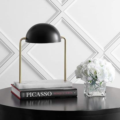 JONATHAN Y 13.5" Brass Gold and Black Art Deco Dome Table Lamp with White Marble Base, Modern Glam Desk Lamp for Living Room, Office, Bedroom, Metal Shade, LED Bulb Included JYL1044A