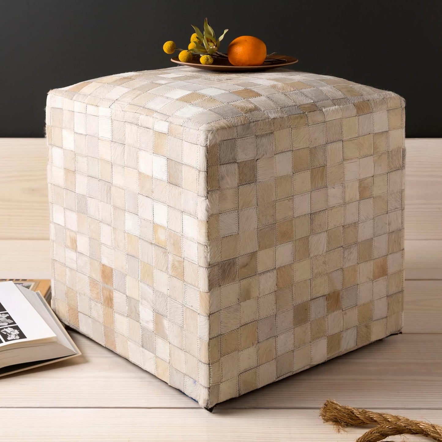 Mark&Day Pouf Ottoman, Grobschonau Hide Leather and Fur Camel Cube Pouf Foot Rest for Living Room, Bedroom and Boho Home Decor (18"x18"x18")