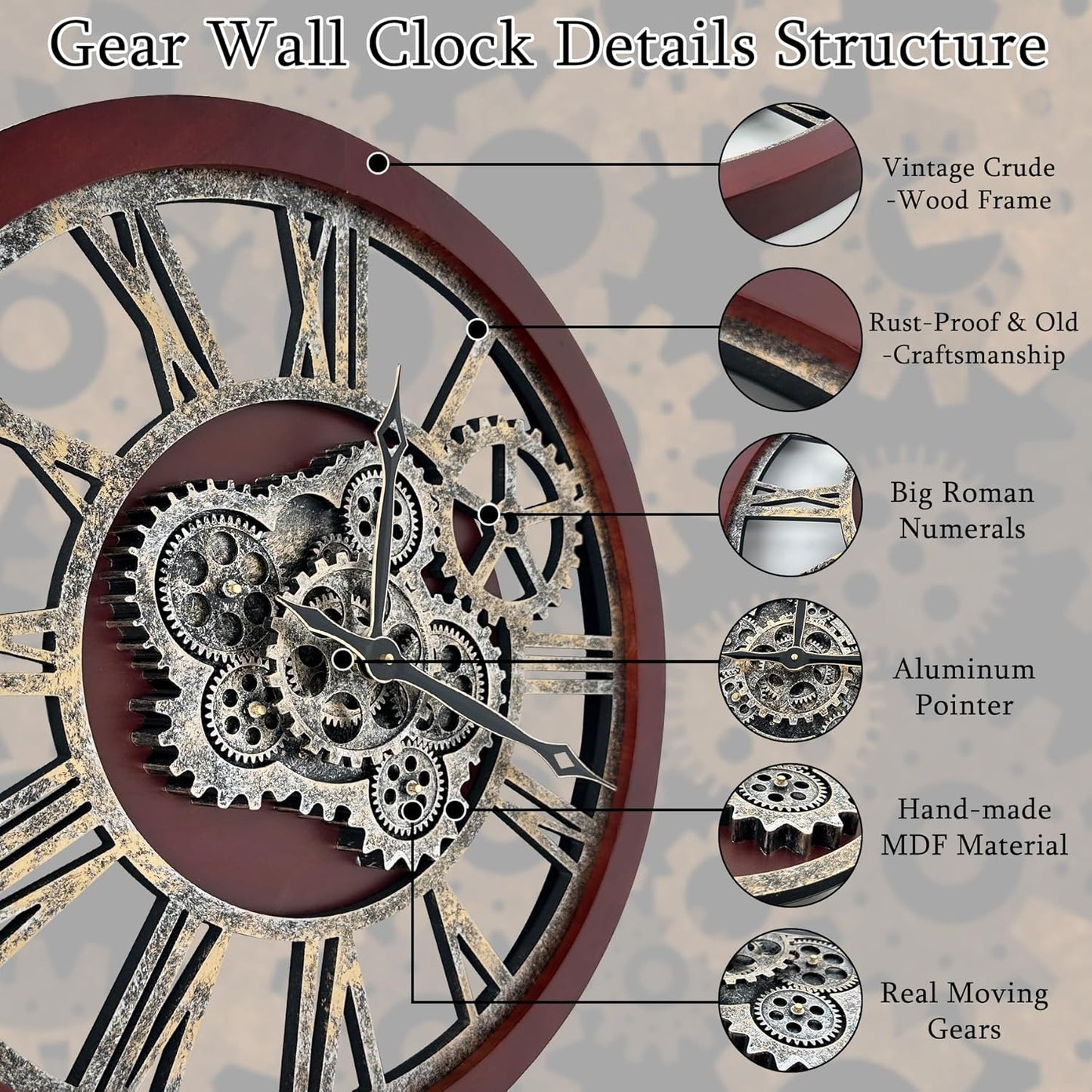 HOIBAI Large Wall Clock, 18 Inch Wall Clocks for Living Room Decor Farmhouse Vintage Rustic Kitchen Wall Decor Vintage Roman Big Oversized Wall Clock for Home Bedroom House Office, Moving Gears Clock