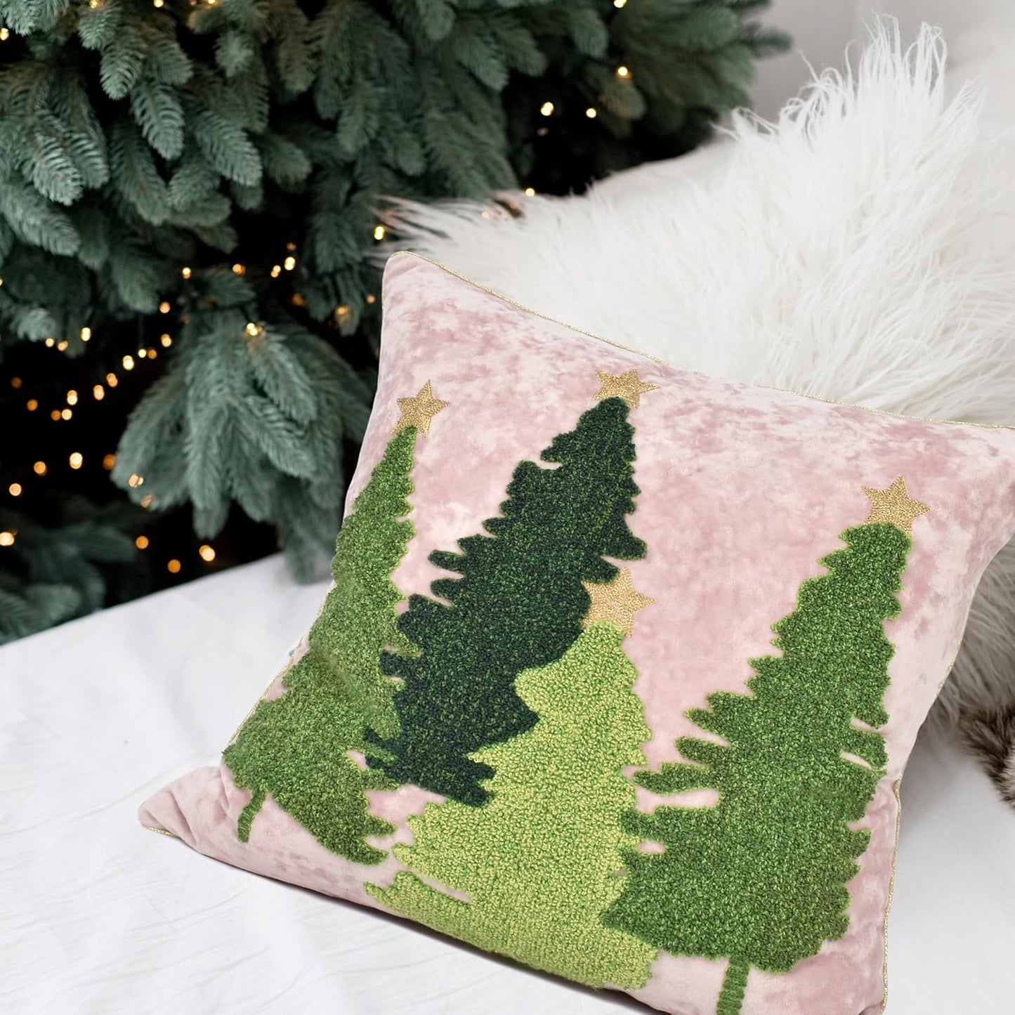 Christmas Tree Pillow Covers 18x18, Embroidered Throw Pillow Covers for Holiday Decorations, Pink Blush Green Velvet Cushion for Home Couch