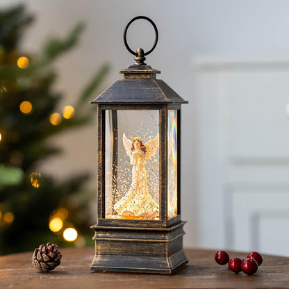Christmas Snow Globe Lantern Water Glittering Angel with Dove, USB Lined/Battery Operated Lighted Lantern for Christmas Festival Decoration Gifts