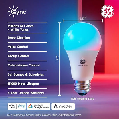 Cync GE A19 LED Smart Light Bulbs,Room Decor Aesthetic Bluetooth and WiFi Color Changing Lights,LED Indoor Light Bulb,Compatible with Alexa and Google,2 Count (Pack of 4)