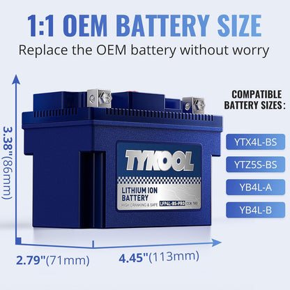 TYKOOL YTX4L-BS-Pro High PerformanceLithium Motorcycle Battery,180CCA 12.8V 3Ah LiFePO4 Powersports Battery,Built-in BMS,for Dirt bikes,ATV,Scooter,4 wheeler,Hongda grom,Motocross,Riding Lawn Tractor